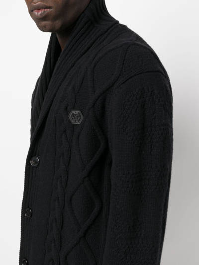 Shop Philipp Plein Cable-knit Distressed-finish Cardigan In Black
