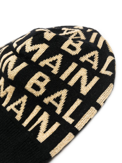 Shop Balmain Logo-intarsia Knitted Beanie In Black