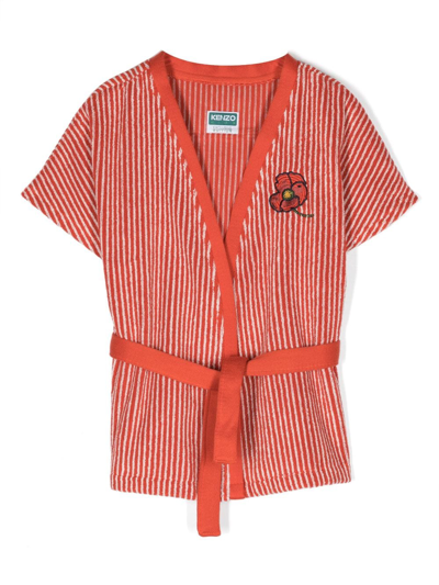 Shop Kenzo Logo-embroidered Striped Robe In Orange