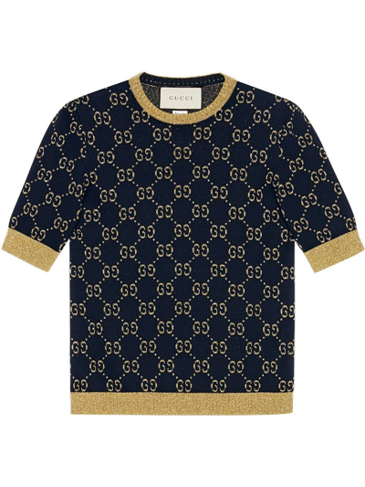 Shop Gucci Blue Gg-jacquard Lamé Knitted Top