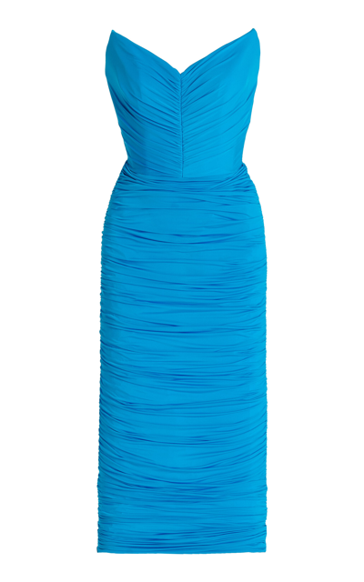 Shop Alex Perry Dane Ruched Strapless Midi Dress In Blue