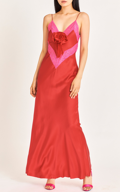 Shop Loveshackfancy Serita Lace-trimmed Silk Maxi Dress In Red