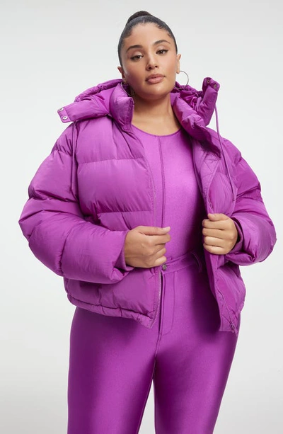 Shop Good American Iridescent Puffer Jacket With Removable Hood In Pop Thistle005