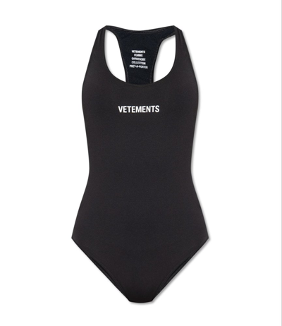 Shop Vetements Logo Printed One Piece Swimsuit In Black