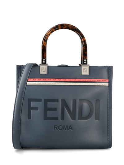 Shop Fendi Sunshine Logo Embossed Small Tote Bag In Blue