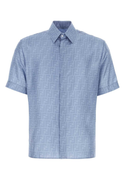 Shop Fendi Allover Logo Printed Buttoned Shirt In Blue