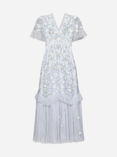 Shop Needle &amp; Thread Primrose Embroidered Tulle Midi Dress In Cornflower Blue