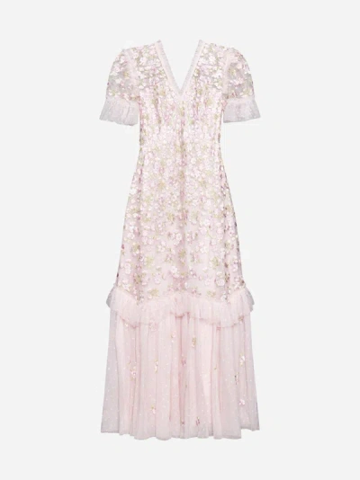 Shop Needle &amp; Thread Primrose Embroidered Tulle Midi Dress In Dusk Pink
