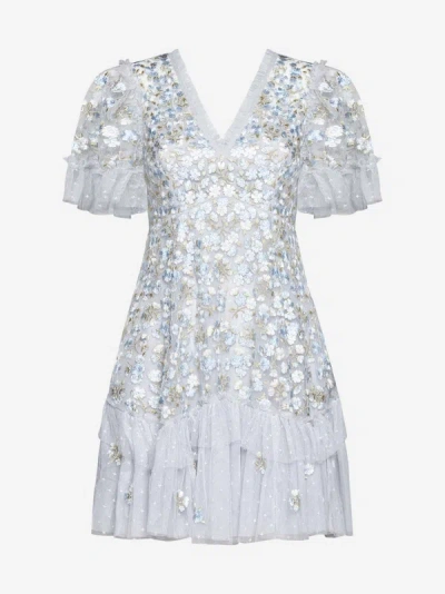 Shop Needle &amp; Thread Primrose Embroidered Tulle Mini Dress In Cornflower Blue