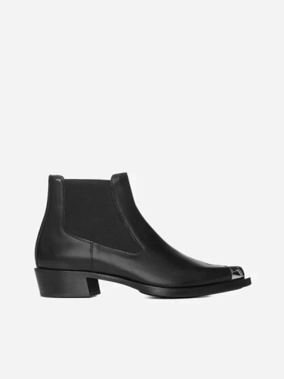 Shop Alexander Mcqueen Chelsea Punk Leather Ankle Boots In Black,silver