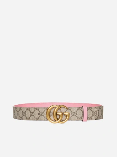 Shop Gucci Gg Marmont Reversible Canvas And Leather Belt In Beige,ebony,pink