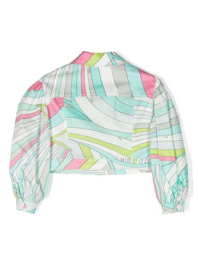 Shop Pucci Junior Abstract-print Cropped Jacket In Blue