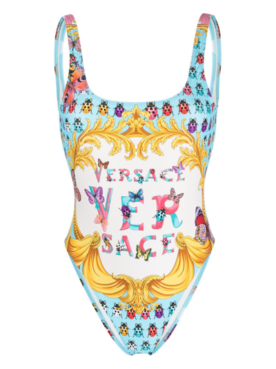 Shop Versace Butterflies Logo-print Swimsuit In Blue