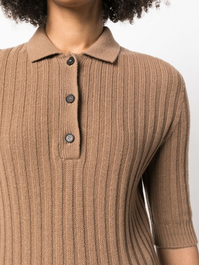 Shop Fabiana Filippi Ribbed-knit Cashmere Polo Top In Brown