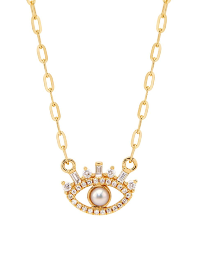 Shop Saks Fifth Avenue Women's 14k Yellow Gold, 0.16 Tcw Diamond & Cultured Freshwater Pearl Eye Pendant Necklace