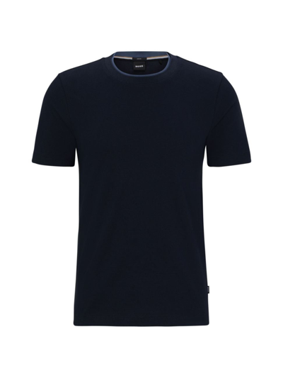 Shop Hugo Boss Men's Slim-fit T-shirt In Structured Cotton With Double Collar In Dark Blue