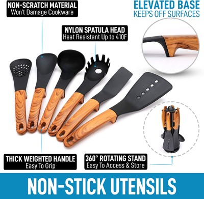 Zulay Kitchen 6-piece Non-stick Nylon Kitchen Utensil Set With Rotating Stand In Brown