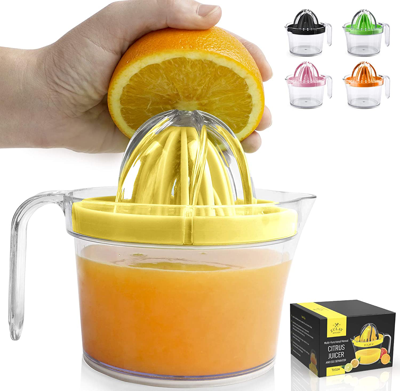 Shop Zulay Kitchen 3-in-1 Manual Citrus Juicer Reamer Cup - Includes 2 Reamers, Strainer & Measuring Cup With Handle In Yellow