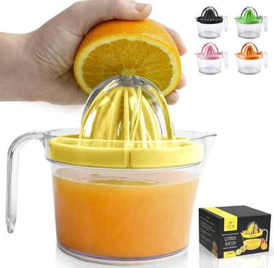 Zulay Kitchen 3-in-1 Manual Citrus Juicer Reamer Cup - Includes 2 Reamers, Strainer & Measuring Cup With Handle In Yellow