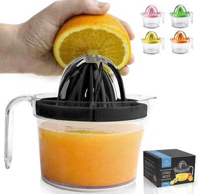 Shop Zulay Kitchen 3-in-1 Manual Citrus Juicer Reamer Cup - Includes 2 Reamers, Strainer & Measuring Cup With Handle In Black