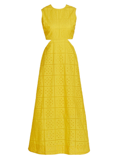 Shop Ganni Women's Broderie Anglaise Cotton Midi-dress In Maize