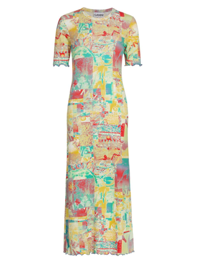Shop Ganni Women's Printed Short-sleeve Maxi Dress In Multicolour
