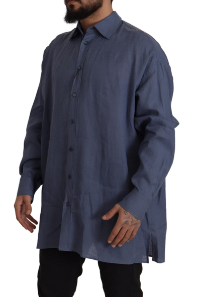 Shop Dolce & Gabbana Dark Blue Linen Slim Fit Dress Formal Men Men's Shirt
