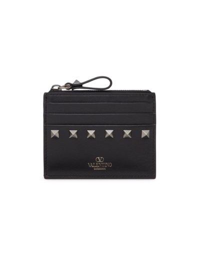 Shop Valentino Women's Rockstud Calfskin Cardholder With Zipper In Black