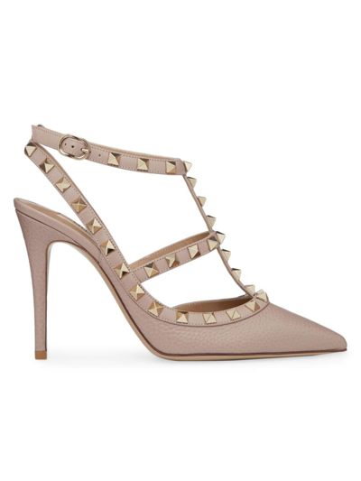 Shop Valentino Women's Rockstud Grainy Leather Ankle Strap Pumps 100 Mm In Poudre