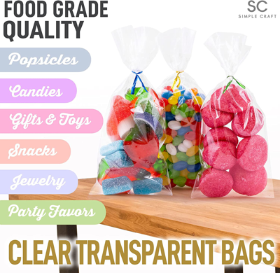 Zulay Kitchen 200 Pack Candy Treat Cellophane Bags - 4x9 Thick Plastic Candy Bags With Ties For Goodie Bags In Multi