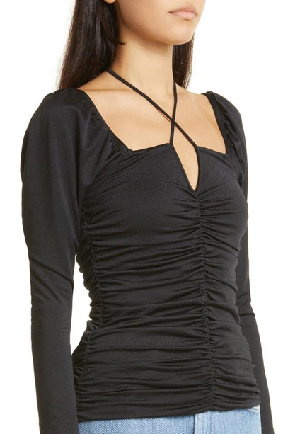 Shop Ganni Ruched Jersey Top In Black