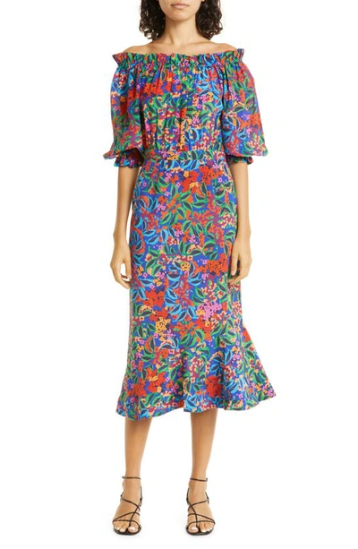 Shop Saloni Grace Print Silk Off The Shoulder Dress In 1725-tropical Begonia