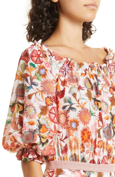 Shop Saloni Grace Print Silk Off The Shoulder Dress In Ivory Adorning/ Hazel