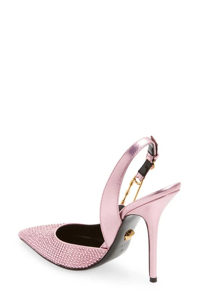 Shop Versace Safety Pin Crystal Pointy Toe Slingback Pump In Pink/ Gold