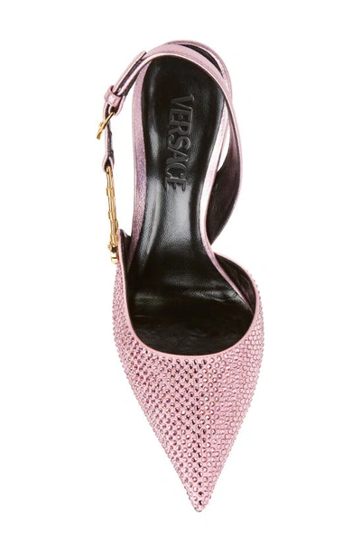 Shop Versace Safety Pin Crystal Pointy Toe Slingback Pump In Pink/ Gold