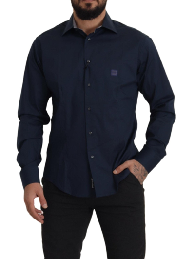 Shop Roberto Cavalli Navy Blue Cotton Dress Formal Men's Shirt
