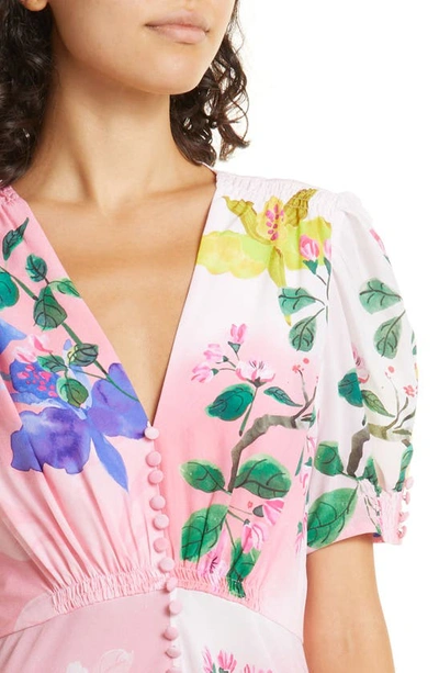 Shop Saloni Lea Print Silk Maxi Dress In 1650-pink Magnolia Plmt