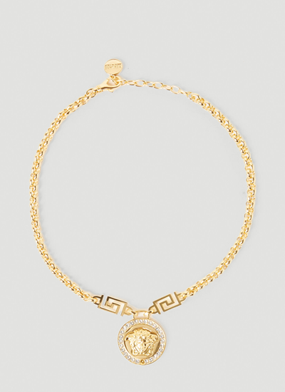 Shop Versace Embellished Medusa Necklace In Gold