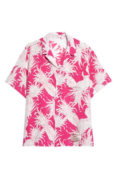 Shop Valentino X Sun Surf Pineapple Print Oversize Silk Camp Shirt In Pineapple Fdo Pink Bianco
