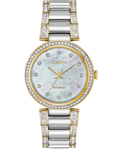 Shop Citizen Eco-drive Women's Silhouette Crystal Two-tone Stainless Steel Bracelet Watch 28mm In Silver