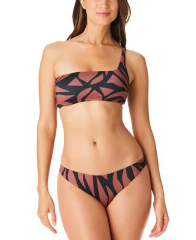 Shop Sanctuary Abstract Animal One Shoulder Bikini Top Cinch Back Hipster Bikini Bottoms Women's Swimsuit In Brown