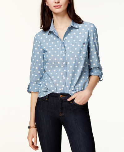 Shop Tommy Hilfiger Women's Cotton Printed Roll-tab Utility Shirt In Blue