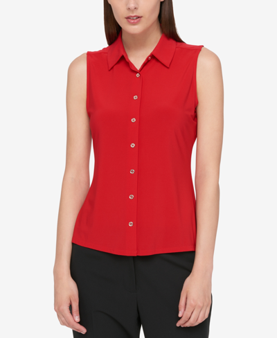 Shop Tommy Hilfiger Women's Sleeveless Button-up Blouse In Red