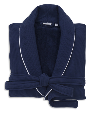 Shop Linum Home Waffle Terry Bath Robe With Satin Piped Trim Bedding In Blue