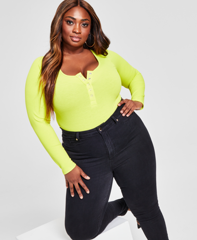 Shop Nina Parker Trendy Plus Size Ribbed Henley Bodysuit In Yellow
