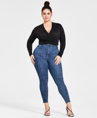 Shop Nina Parker Trendy Plus Size Crossover Bodysuit In Black