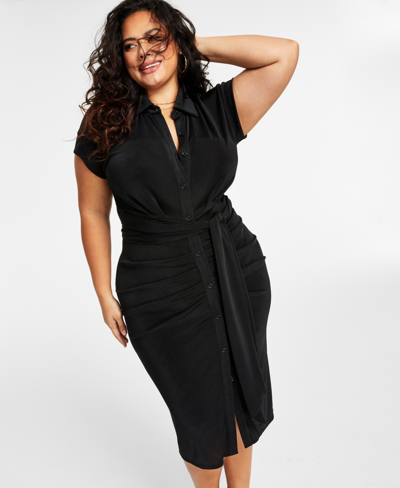Shop Nina Parker Trendy Plus Size Tie-front Ruched Shirtdress In Black