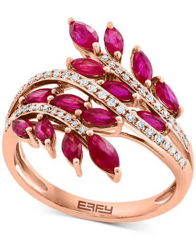 Shop Effy Collection Effy Ruby (1-5/8 Ct. T.w.) & Diamond (1/5 Ct. T.w.) Multirow Diagonal Statement Ring In 14k Rose Gol In Red