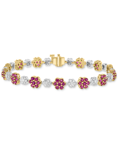 Shop Effy Collection Effy Ruby (4-1/8 Ct. T.w.) % Diamond (1-1/10 Ct. T.w.) Flower Link Bracelet In 14k Two-tone Gold In Red