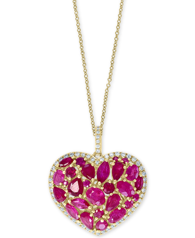 Shop Effy Collection Effy Ruby (4-3/4 Ct. T.w.) & Diamond (1/3 Ct. T.w.) Heart 18" Pendant Necklace In 14k Gold In Red